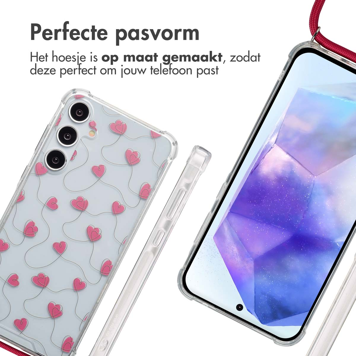 Coques de téléphone avec motif de cœur, plastique transparent et texte en néerlandais.