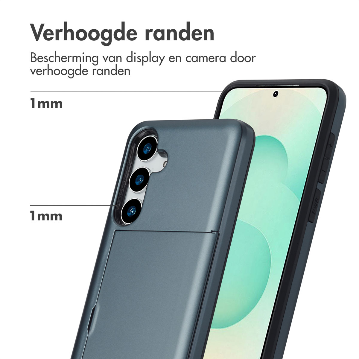 Telefoonhoesje met een telefoon. Grijze hoes, zwarte telefoon, verhoogde randen. 1 mm.