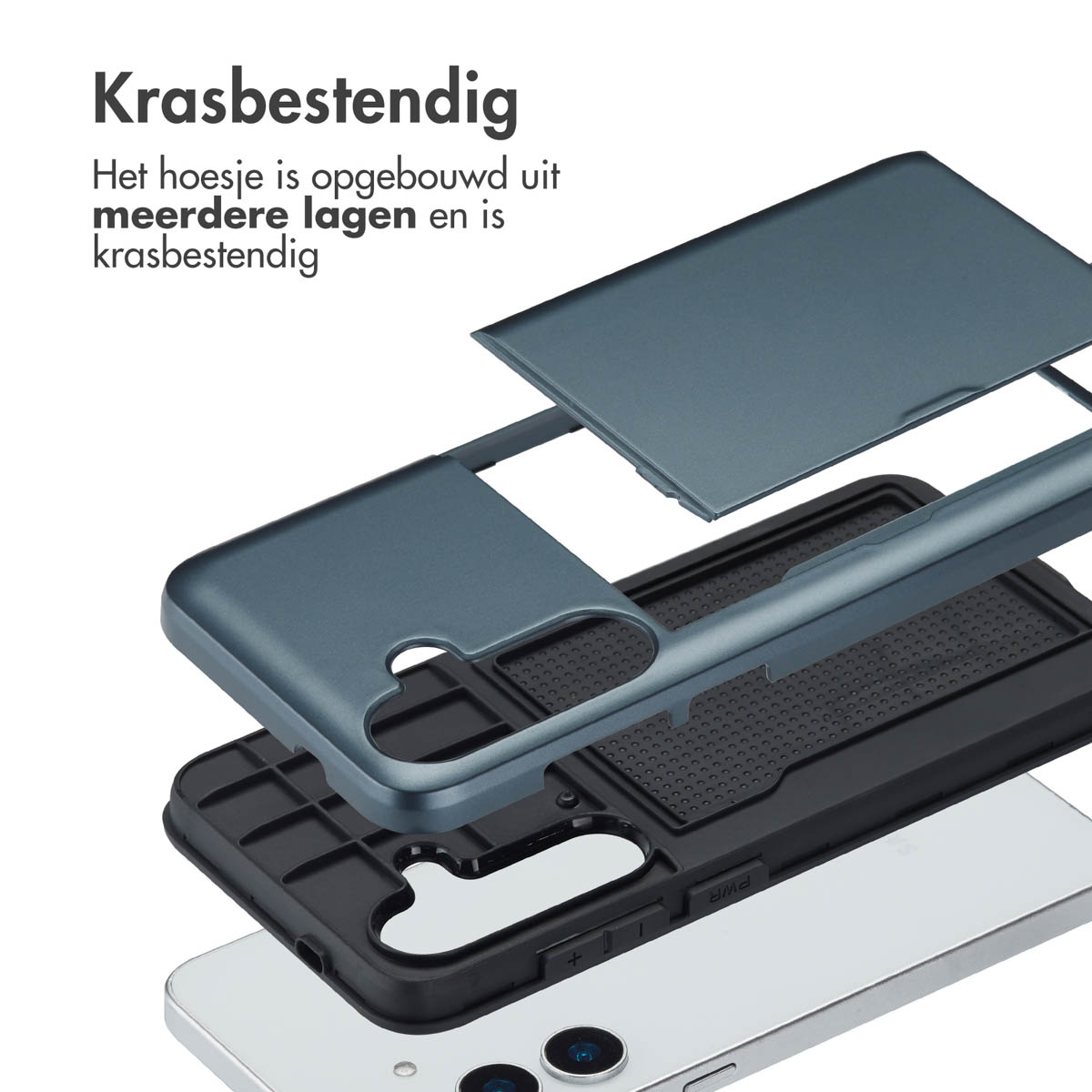 Telefoonhoeslagen, donkerblauw, de verschillende onderdelen tonen, Nederlandse tekst.