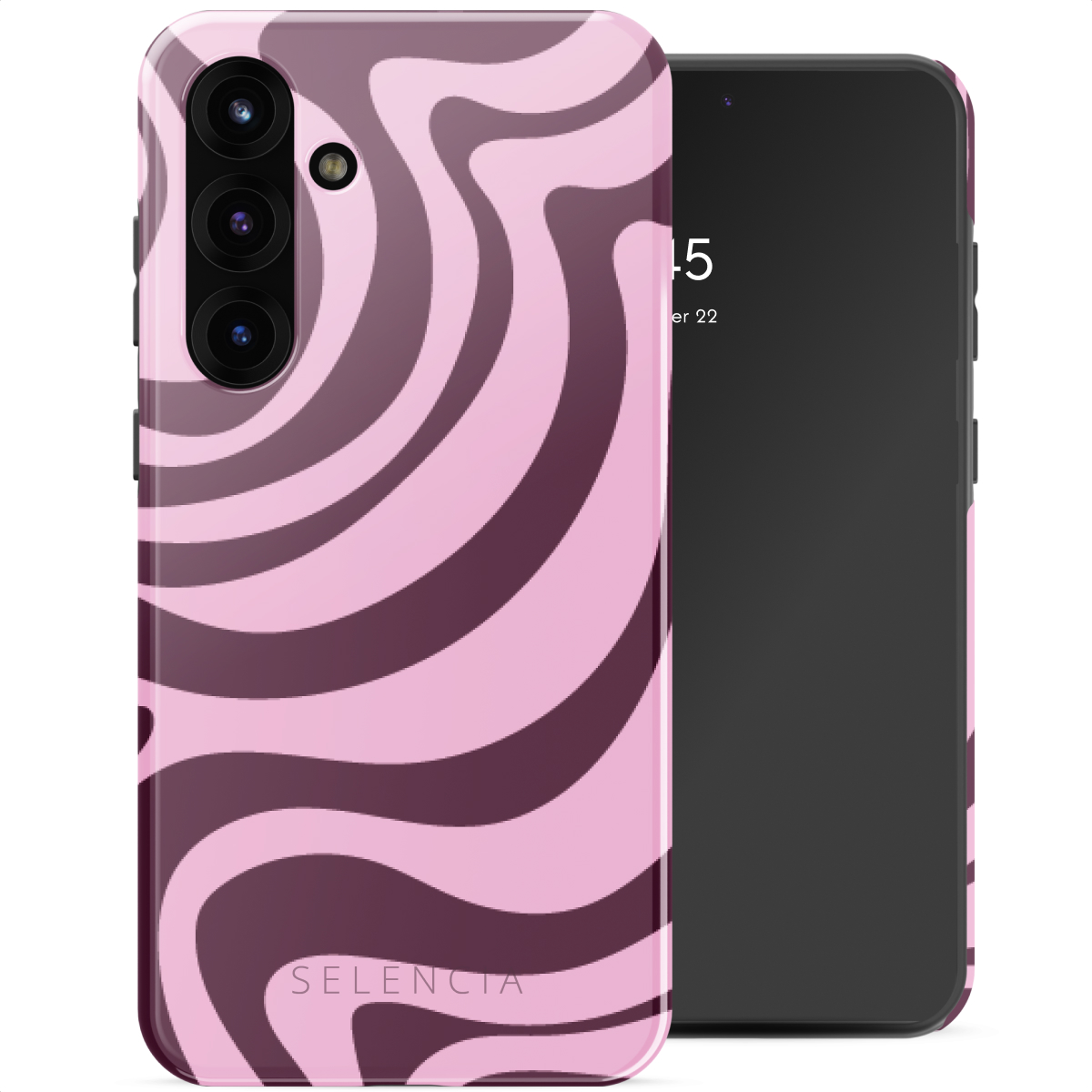 Een telefoonhoesje met een roze en paars golvenpatroon naast een telefoon met een zwart scherm.