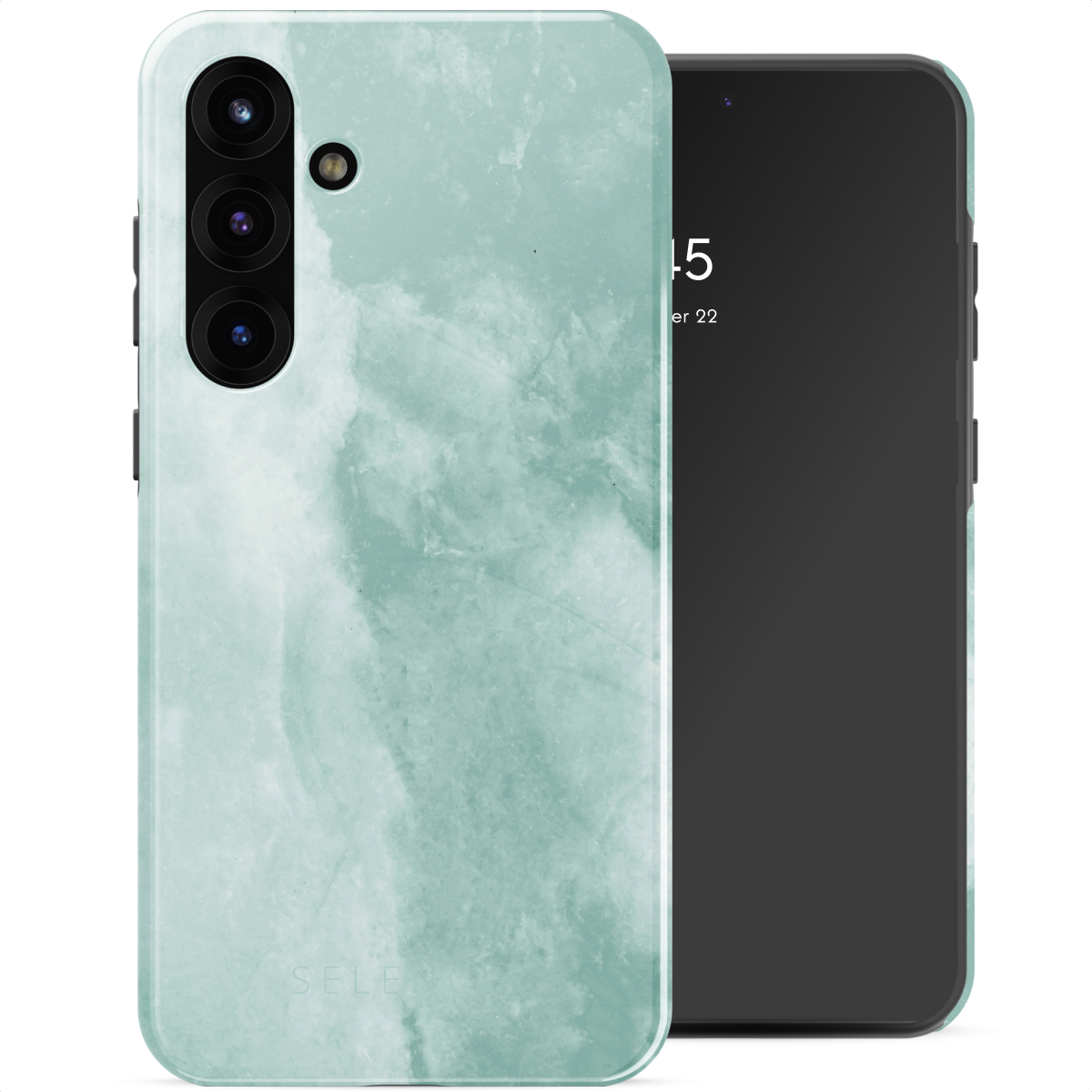 Téléphone avec coque à motif marbré, sur une surface blanche. Une partie d'un autre téléphone est visible.
