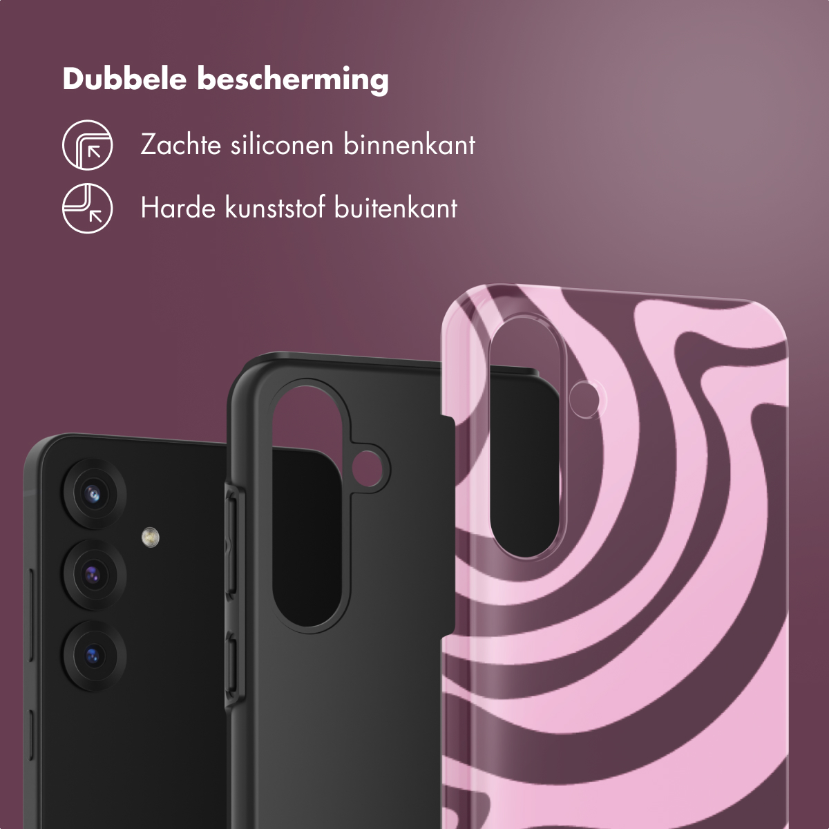 Telefoonhoesjes, zwart en roze wervelontwerp.