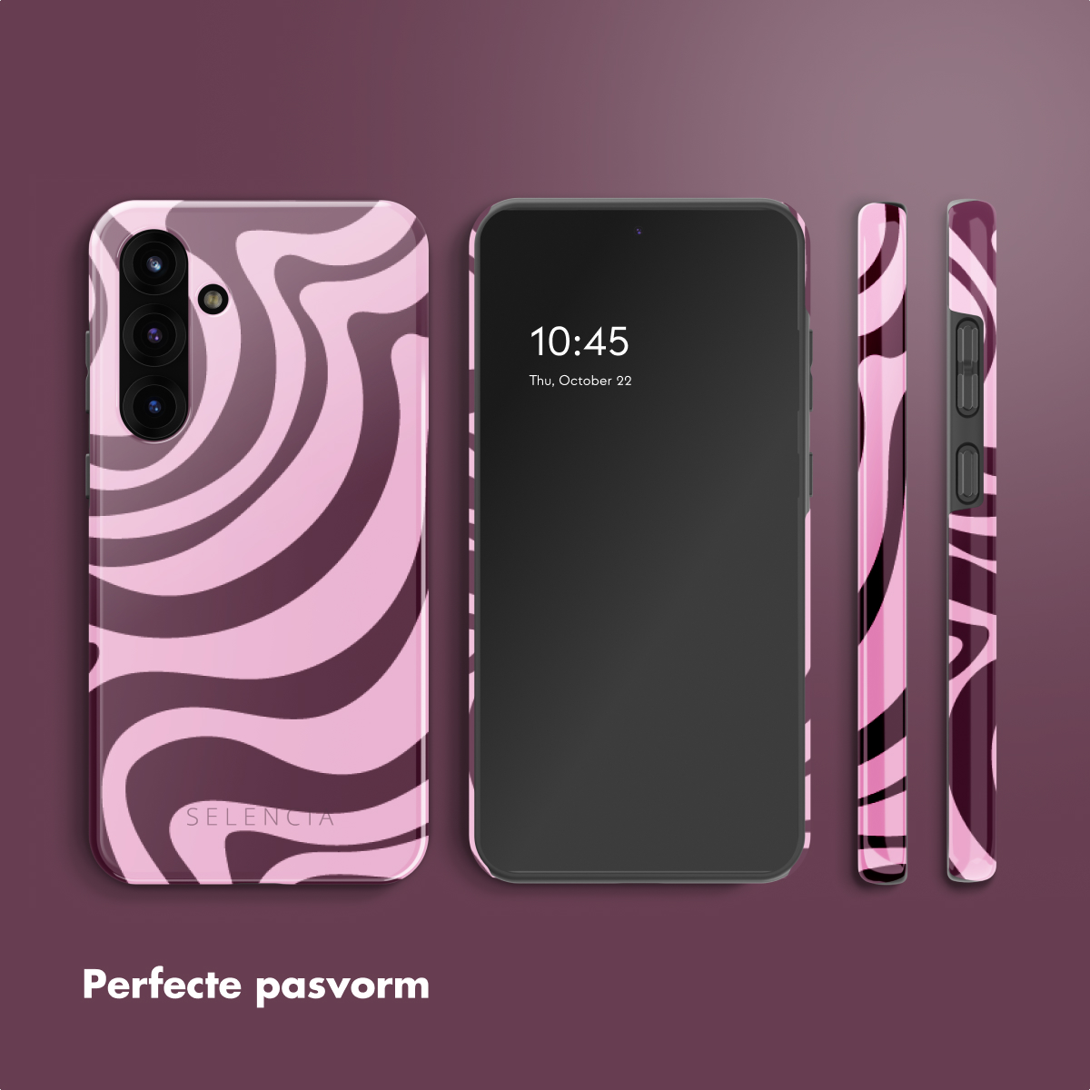Telefoon en hoesje met roze en paars golvend design. Tekst: Perfecte pasvorm.