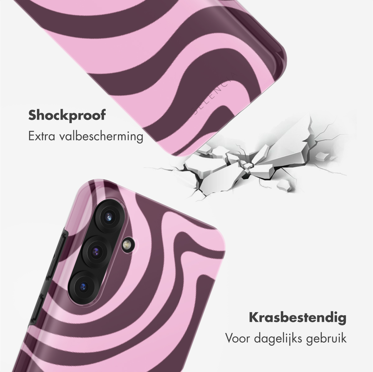 Telefoonhoesje met roze en paars golvend design. Tekst: Schokbestendig en krasbestendig.