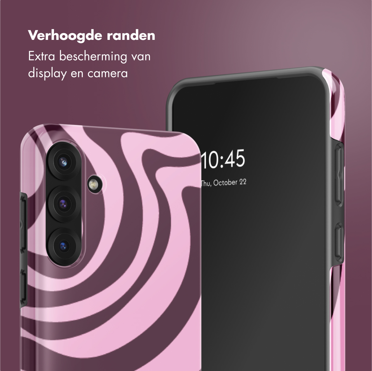 Telefoon en hoesje met roze en paars golvend design. Tekst: Verhoogde randen.