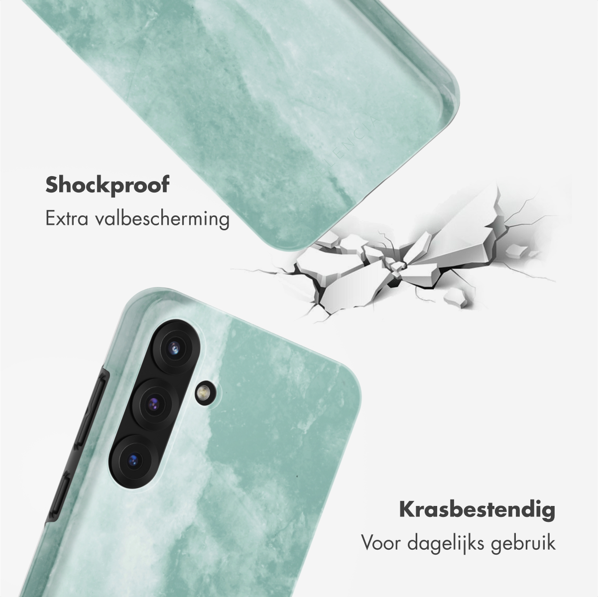 Une coque de téléphone avec une surface fissurée et du texte.