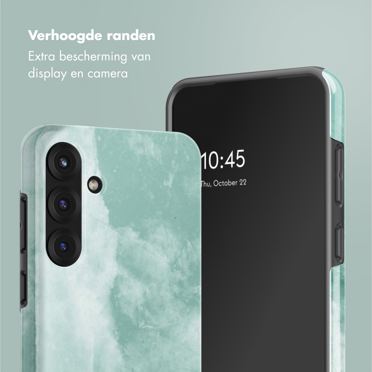Une coque de téléphone avec une texture marbrée, un téléphone avec un écran noir. La coque est verte.