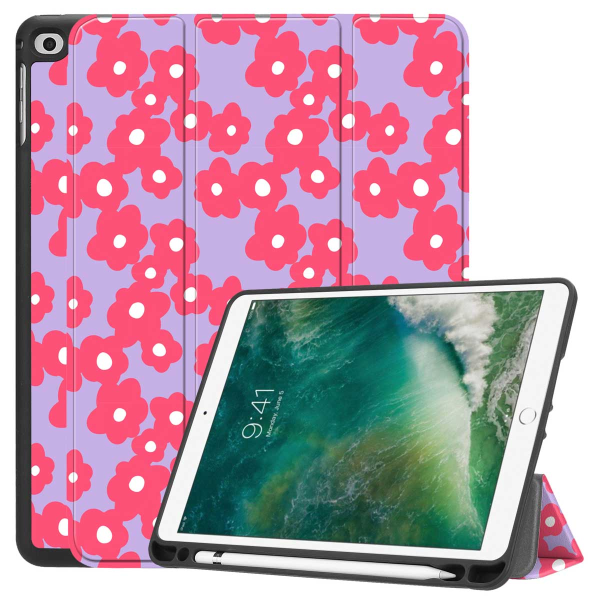 A tablet with a floral cover, open, and a stylus.