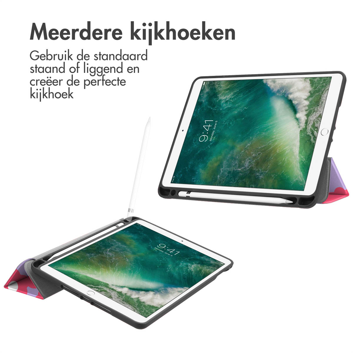 Two iPads in cases, one open, one closed, with styluses, on a white background.