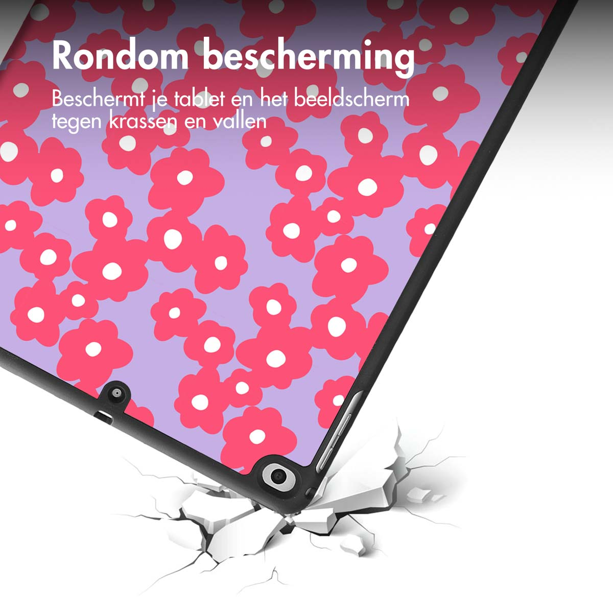 Tablet screen with pink flower pattern, surrounded by a black frame. Text in Dutch: Rondom bescherming.