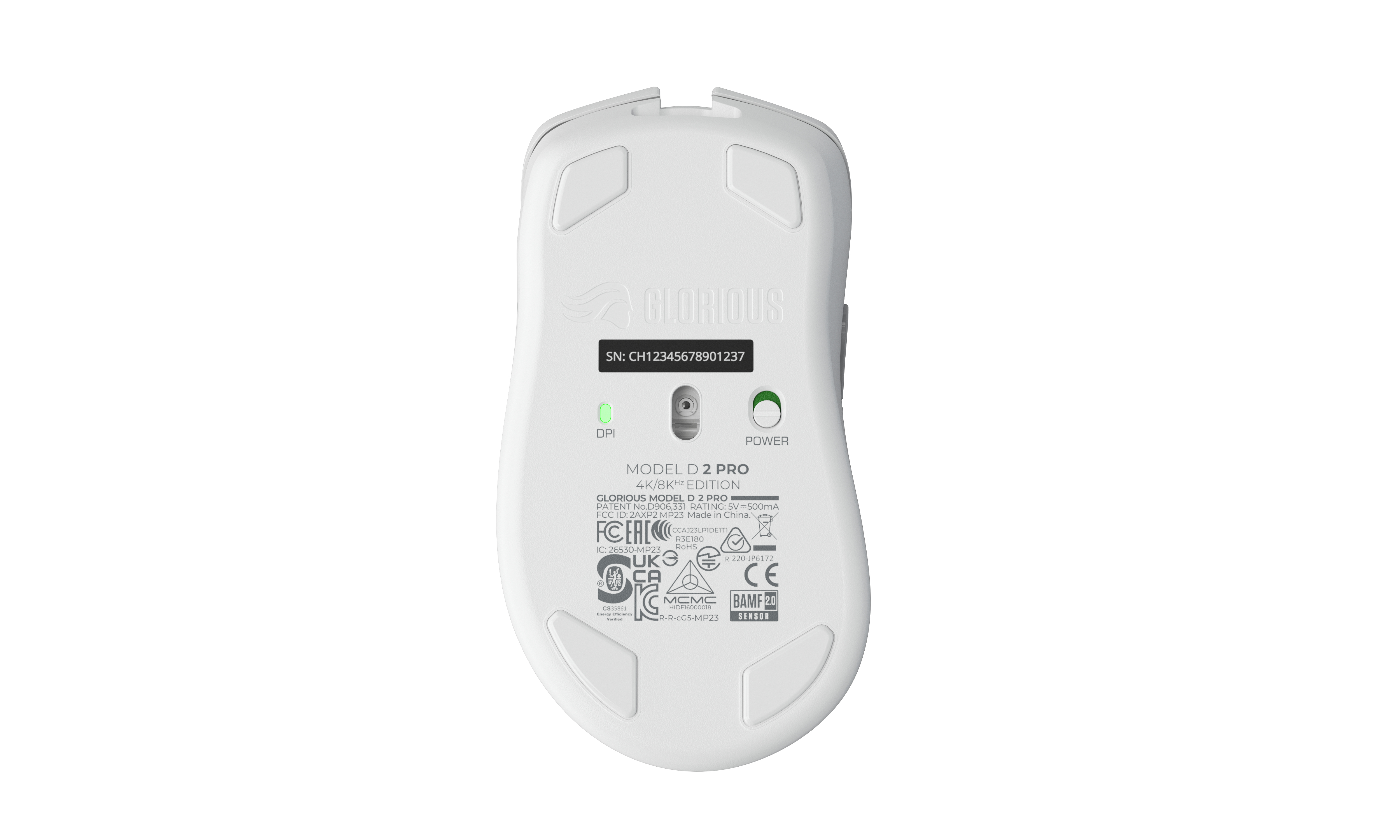 Biała mysz do gier, widok od spodu. Pokazuje przyciski DPI i zasilania. Tekst: MODEL D 2 PRO.