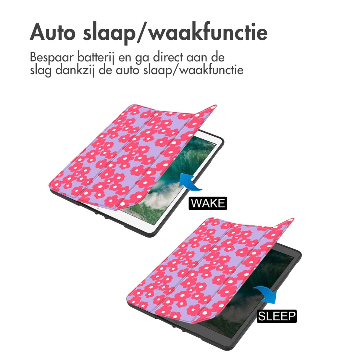 Two tablet cases, one open, one closed. Pink flower pattern. Dutch text: Auto slaap/waakfunctie.