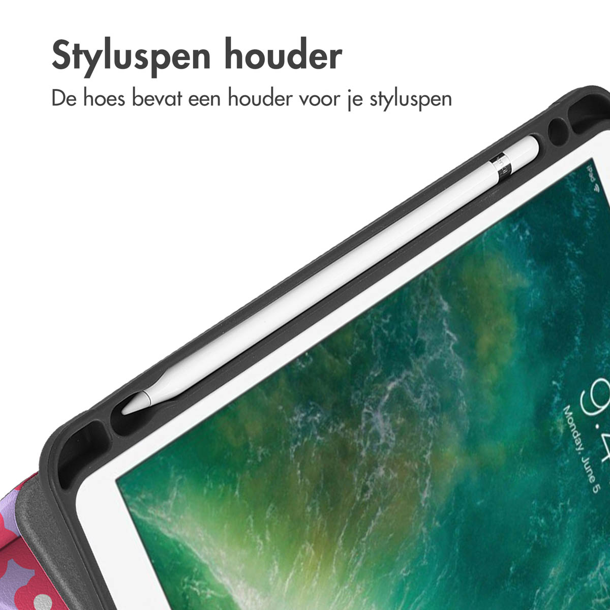 iPad with a stylus in a case, close up, on a white background, angled view.
