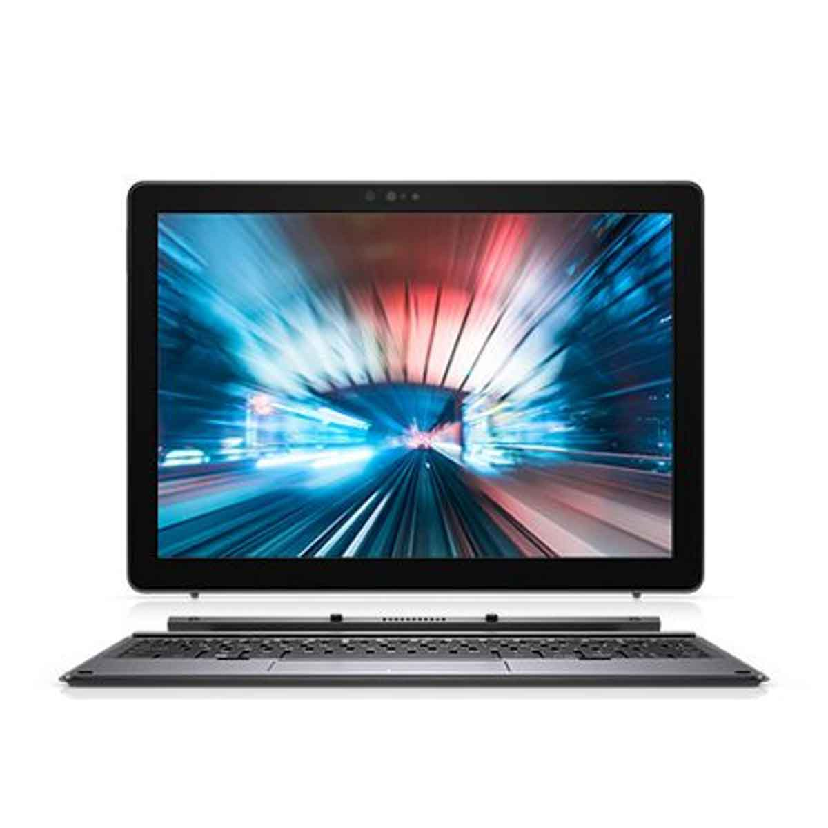 Tablet z klawiaturą, pokazujący widok miasta na ekranie.