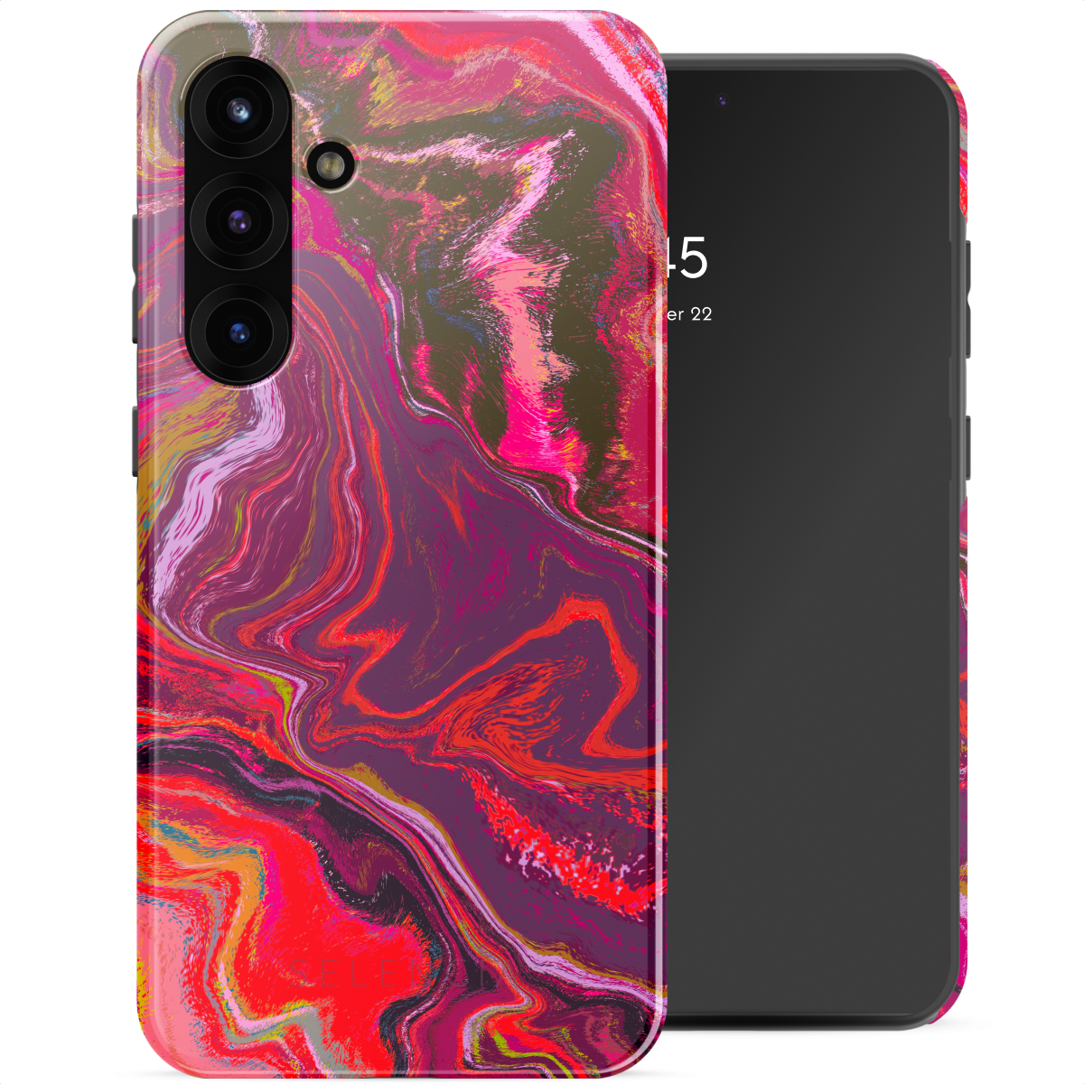 Telefoonhoesje met abstract rood, roze en paars wervelontwerp; telefoon met zwart scherm rechts.