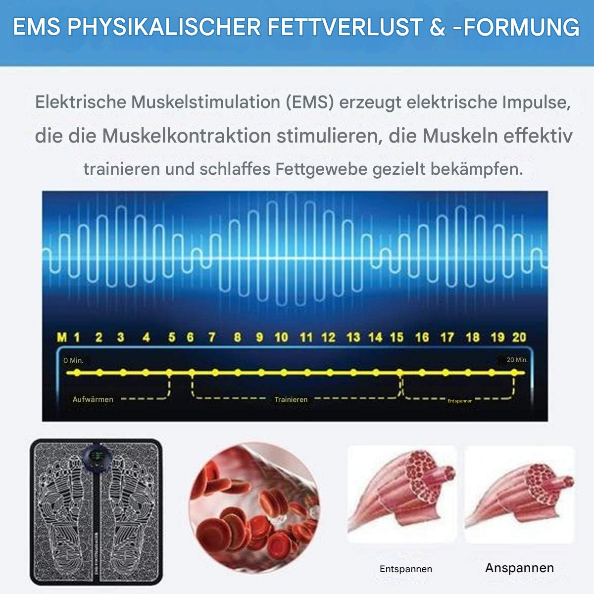 Diagramm des Muskelstimulationsprozesses mit Wellenformen, Zahlen und Bildern von Körperteilen und Zellen.