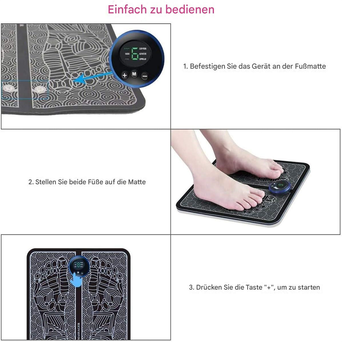 Diagramm zur Verwendung eines Fußmassagegeräts mit Bedienfeld.