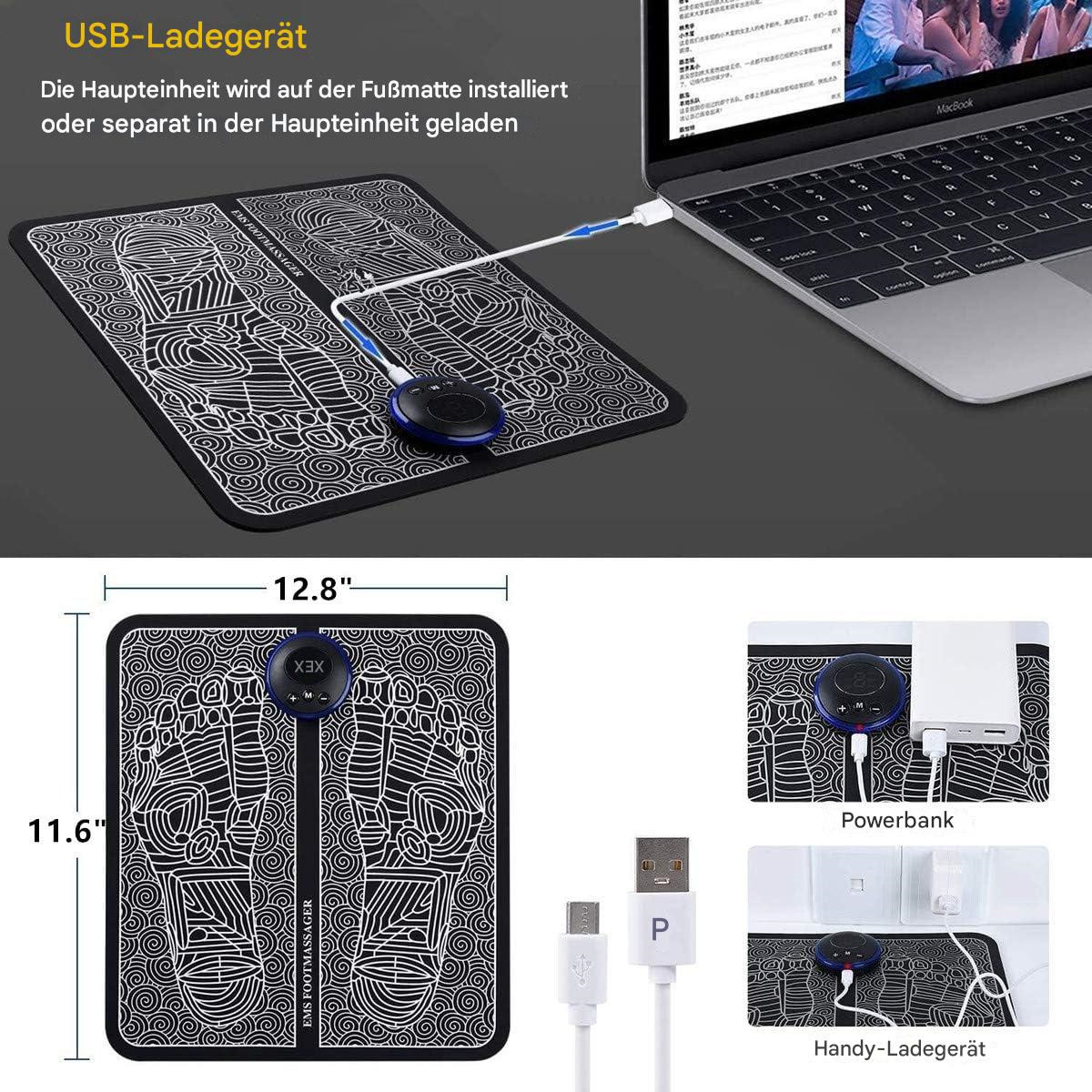 Schwarzes Fußmassagegerät, das per USB an einen Laptop angeschlossen ist. Der Massager hat eine schwarze Oberfläche mit weißen Linien.