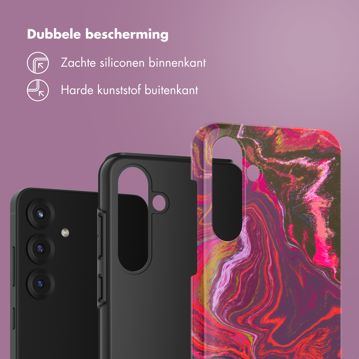 Drie telefoonhoesjes: een telefoon, een zwart hoesje en een kleurrijk hoesje. Het kleurrijke hoesje toont een wervelend patroon.