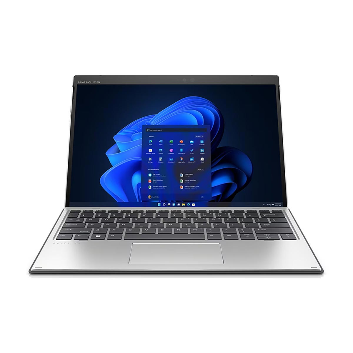 Laptop z srebrną podstawą i czarnym ekranem, pokazujący interfejs Windows.