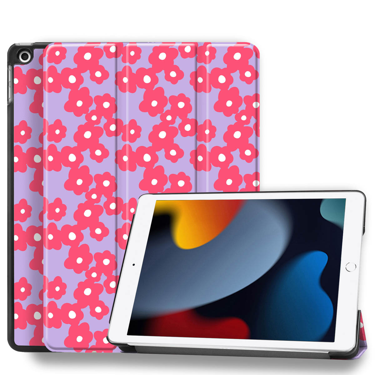 Un iPad à l'intérieur d'un étui floral. L'étui est ouvert et montre l'écran de l'iPad. L'étui est sur une surface blanche.
