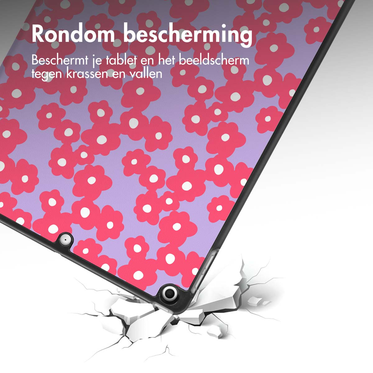 Écran de tablette avec un fond violet et des fleurs roses, texte 'Rondom Bescherming'.