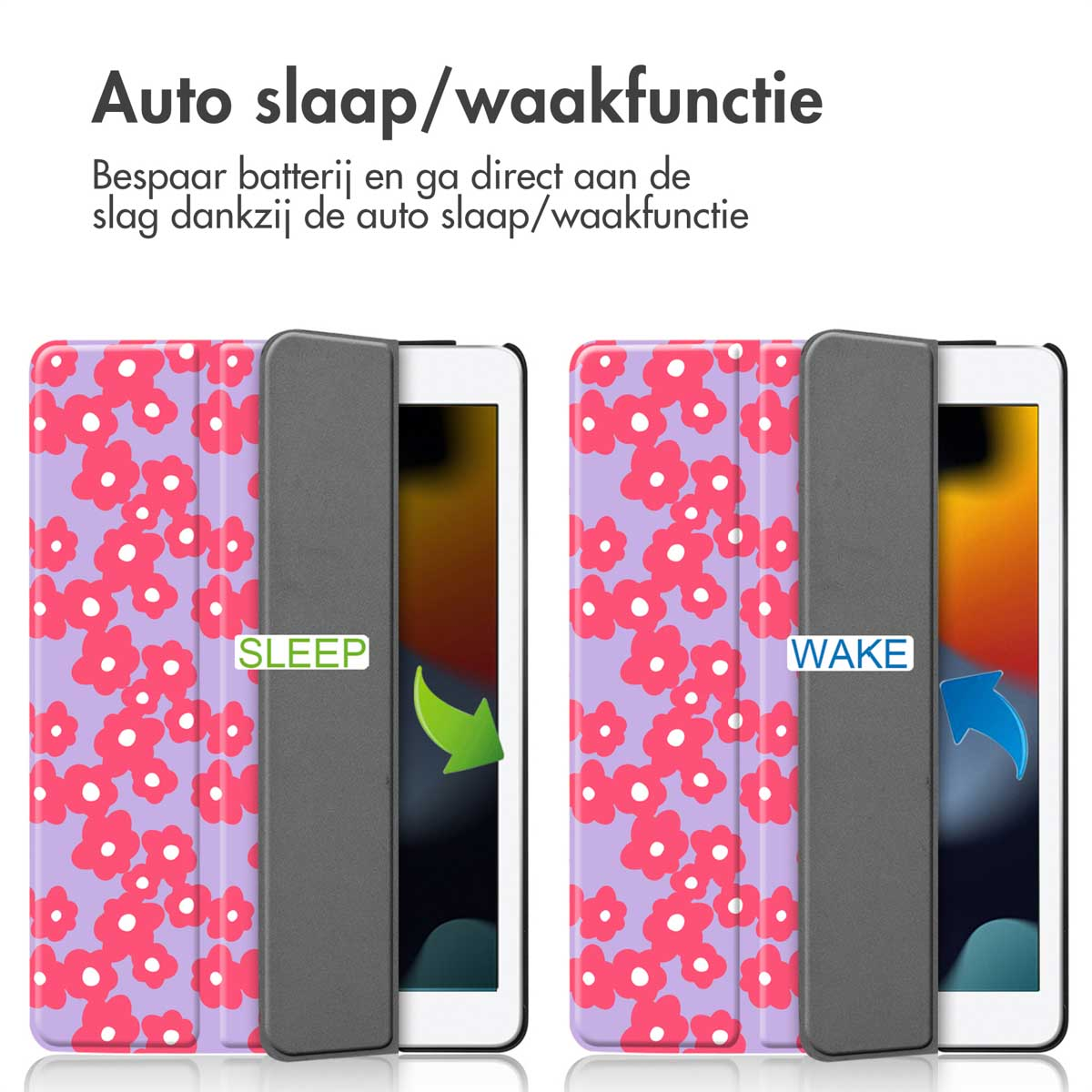 Deux étuis pour tablettes avec motifs floraux, un étiqueté 'SLEEP', l'autre 'WAKE', avec un couvercle fermé.