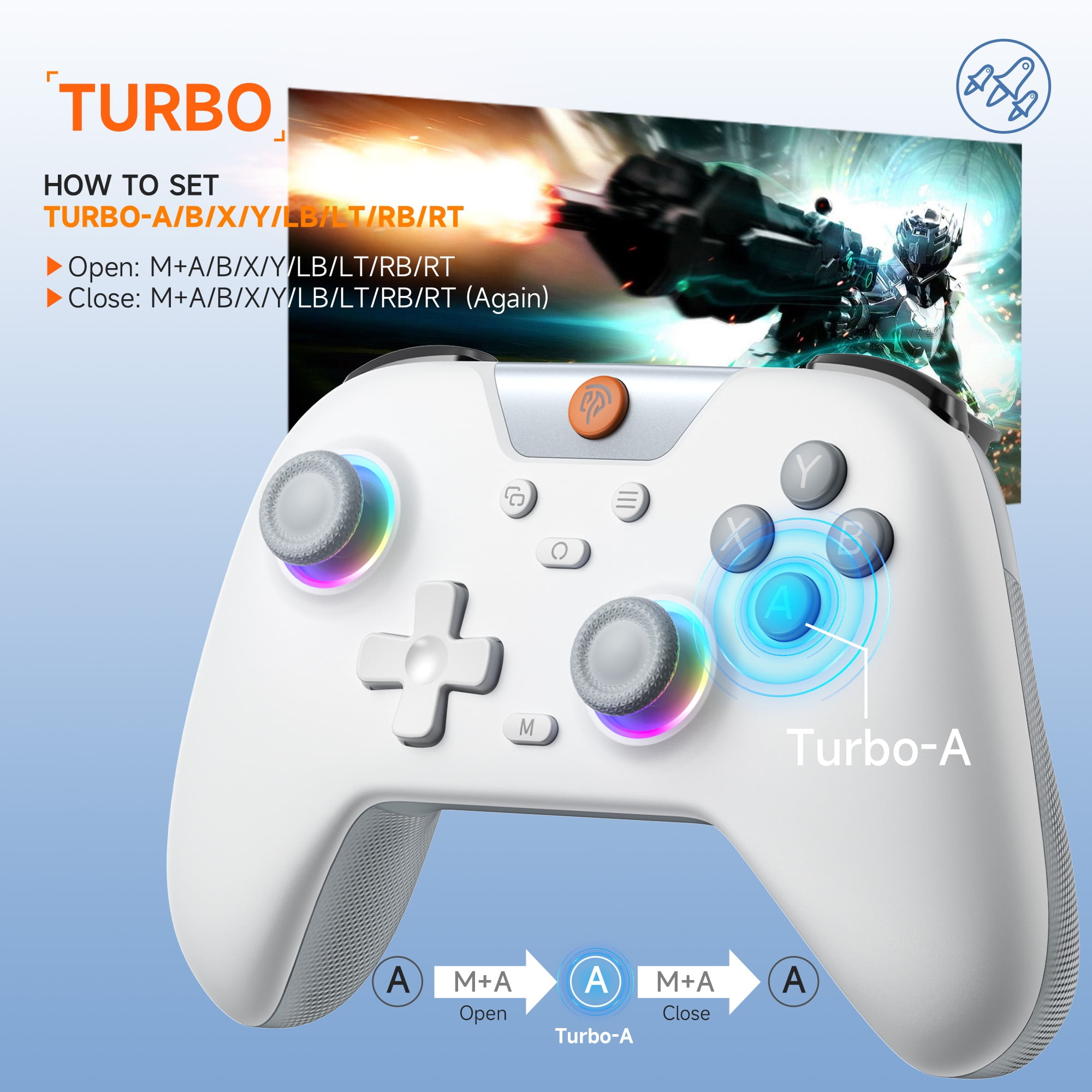Weißer Gamecontroller mit Turbo-Button-Einstellungen, überlagert auf einem Spielbildschirm.