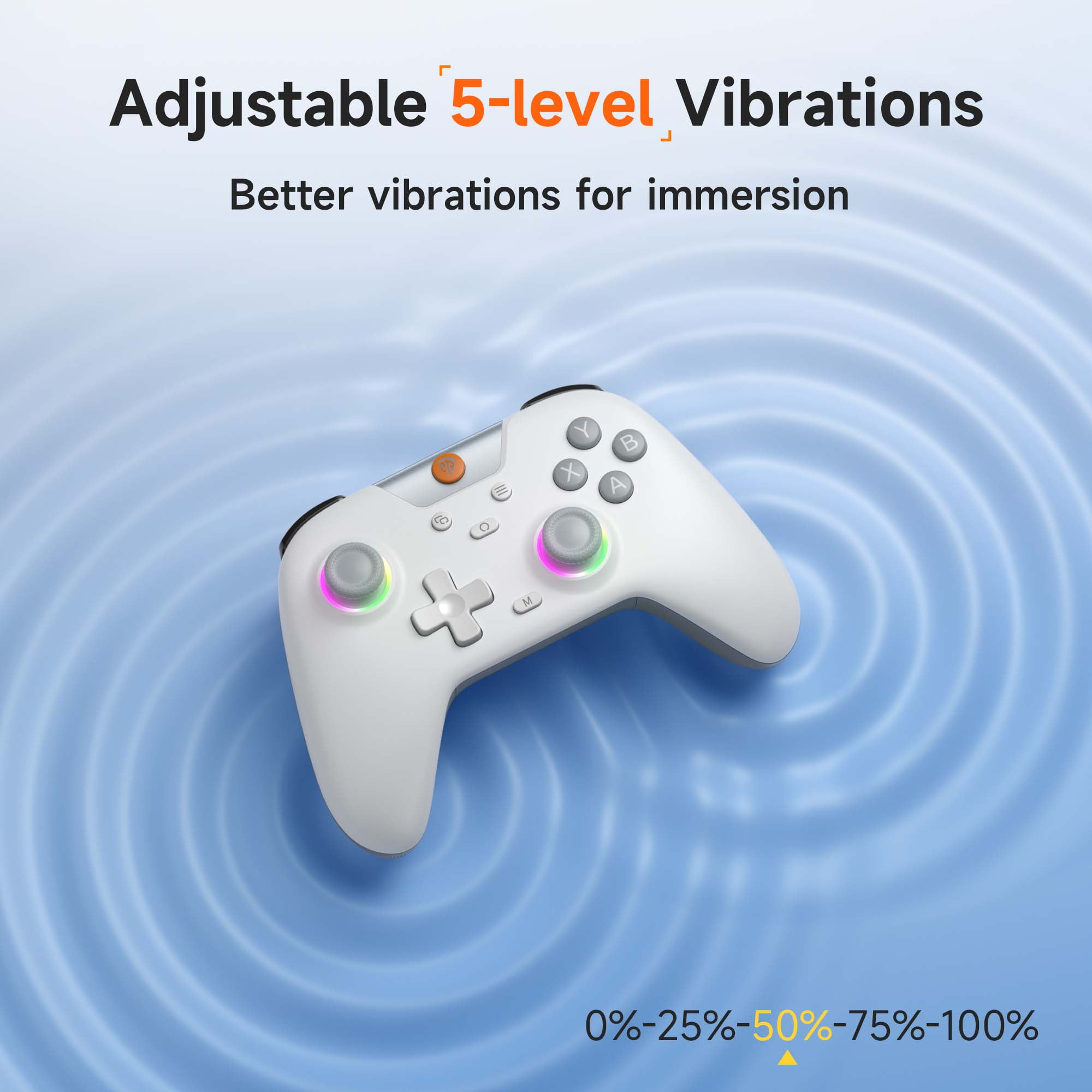Ein weißer Controller mit einstellbaren Vibrationen und einem blauen Wellenhintergrund.