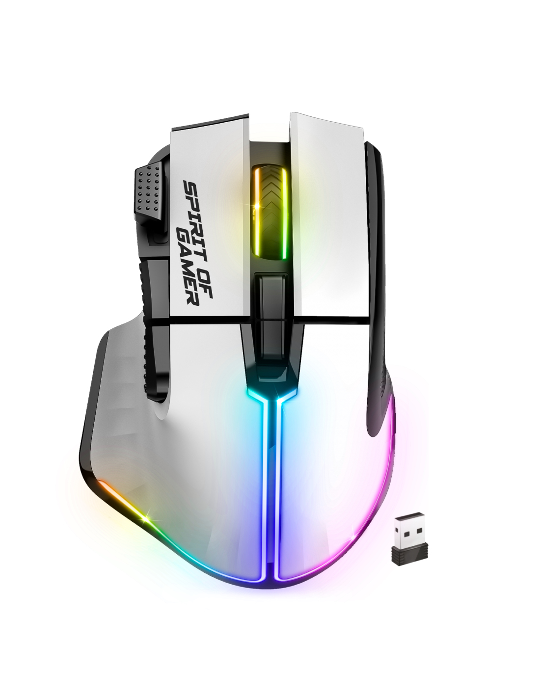 Biała mysz do gier z oświetleniem RGB, odbiornikiem USB i napisem 'Spirit of Gamer'.