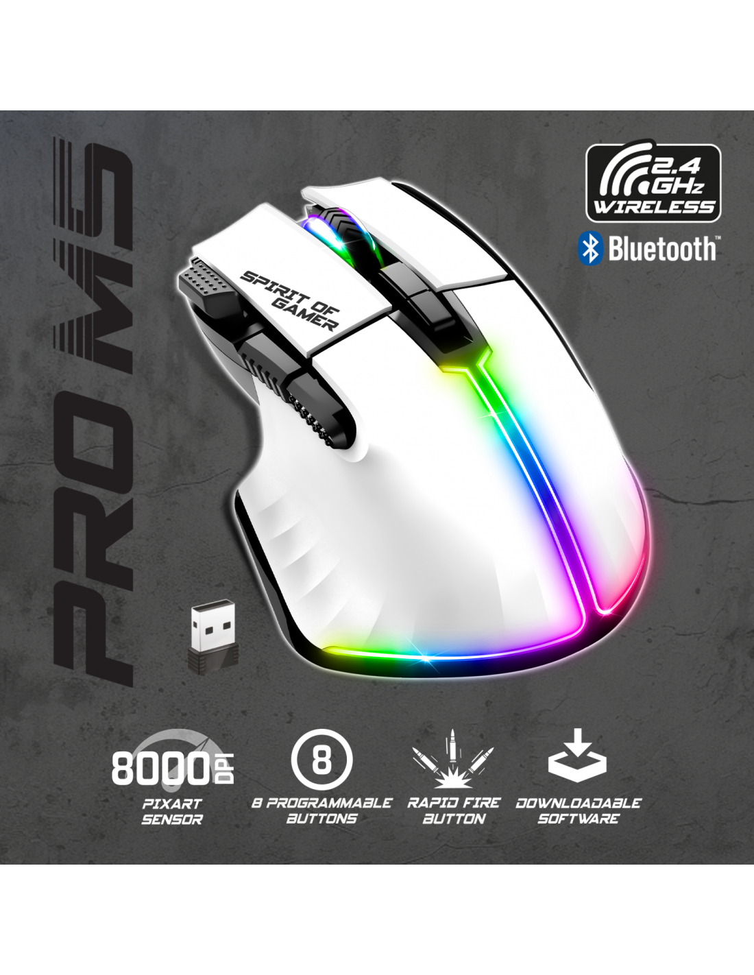 Biała mysz do gier z odbiornikiem USB, 8 programowalnymi przyciskami i oświetleniem RGB.