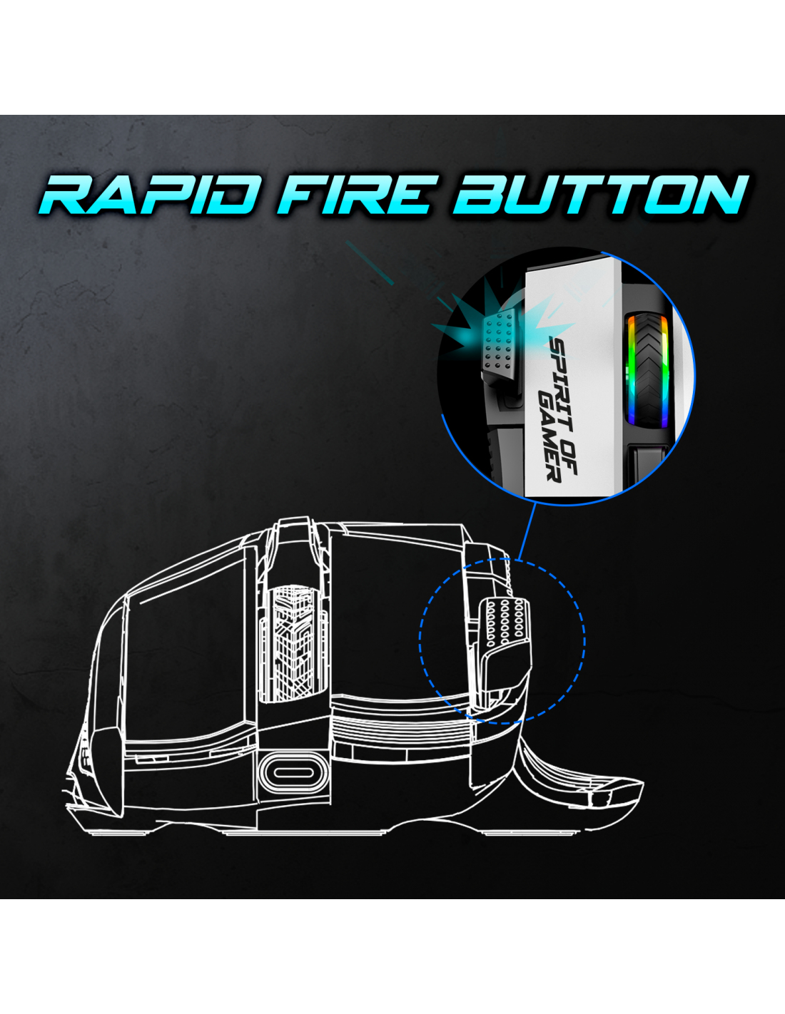 Rysunek linii myszy do gier pokazujący szczegół szybkiego przycisku. Czarne tło.