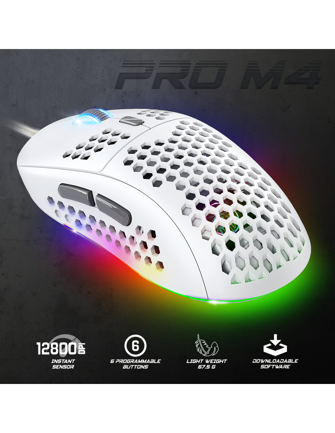 Ratón gaming blanco con diseño de panal, seis botones e iluminación RGB. Fondo negro.