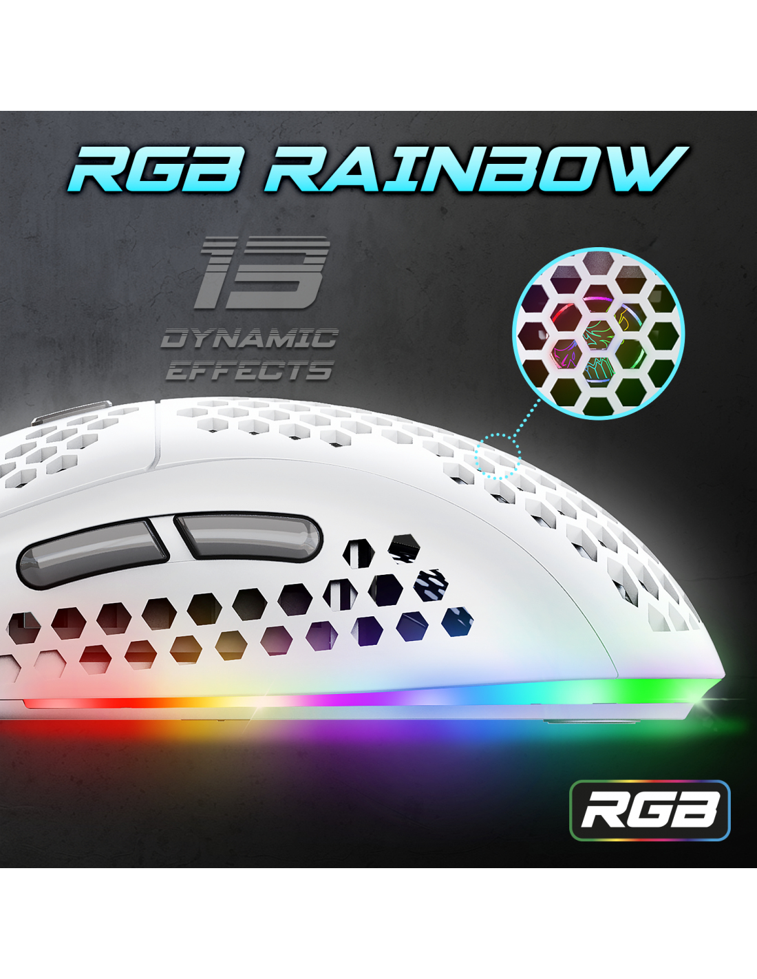 Un ratón gaming blanco con iluminación RGB y diseño de panal. El texto dice RGB Rainbow.