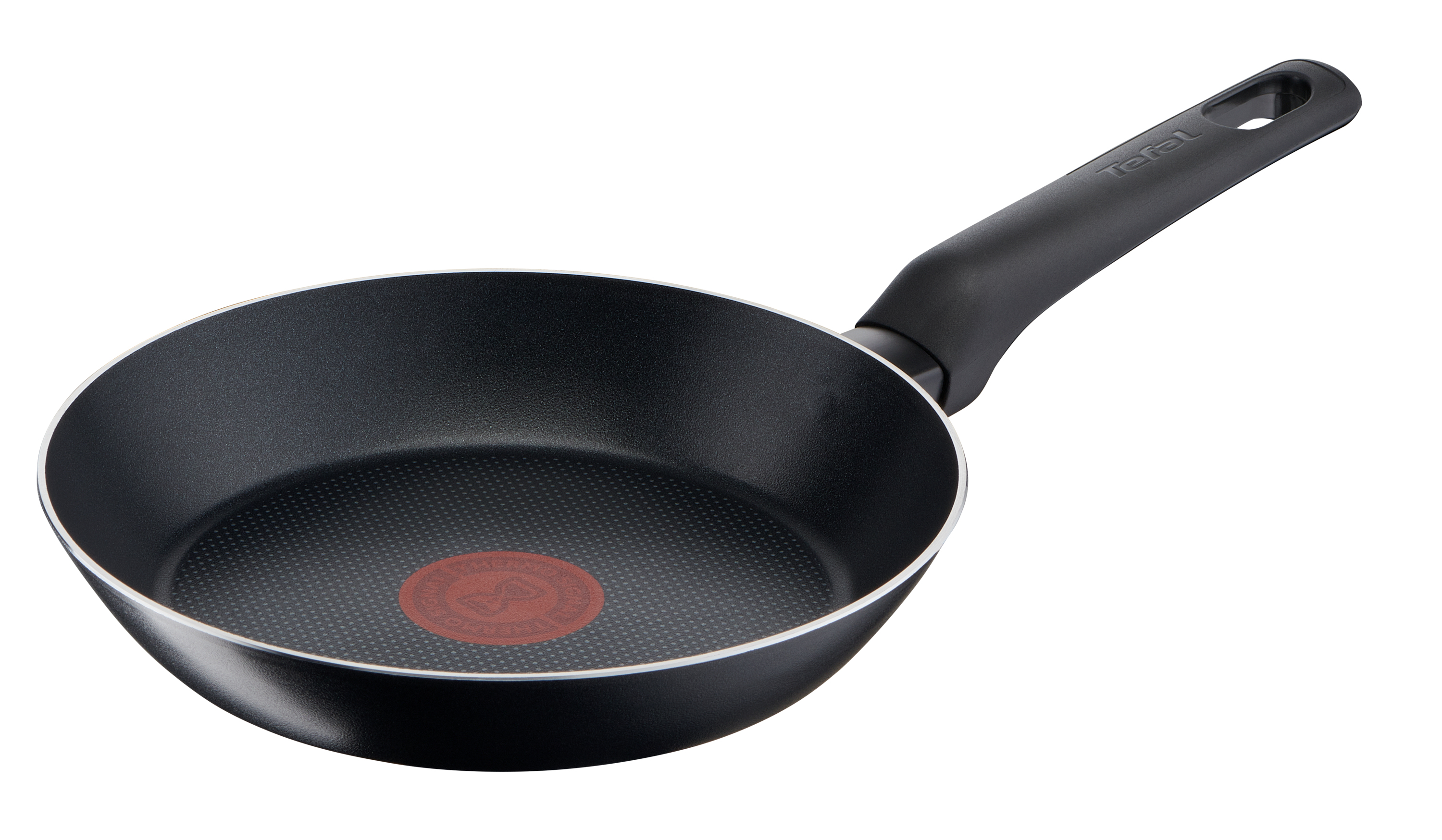 Poêle noire avec manche long sur fond blanc, logo rouge au centre.