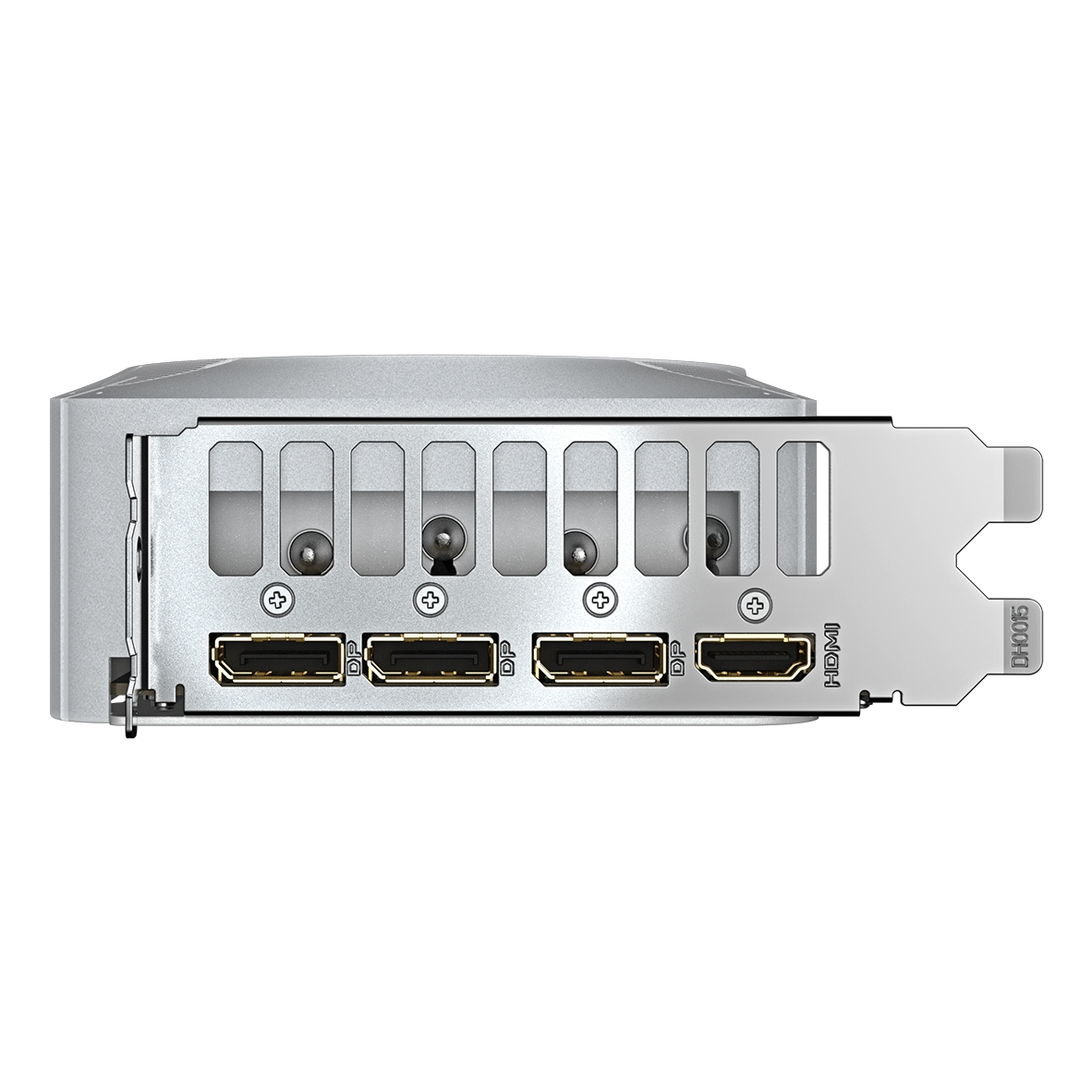 Srebrne porty karty graficznej. Widoczne są cztery porty DP i jeden port HDMI.