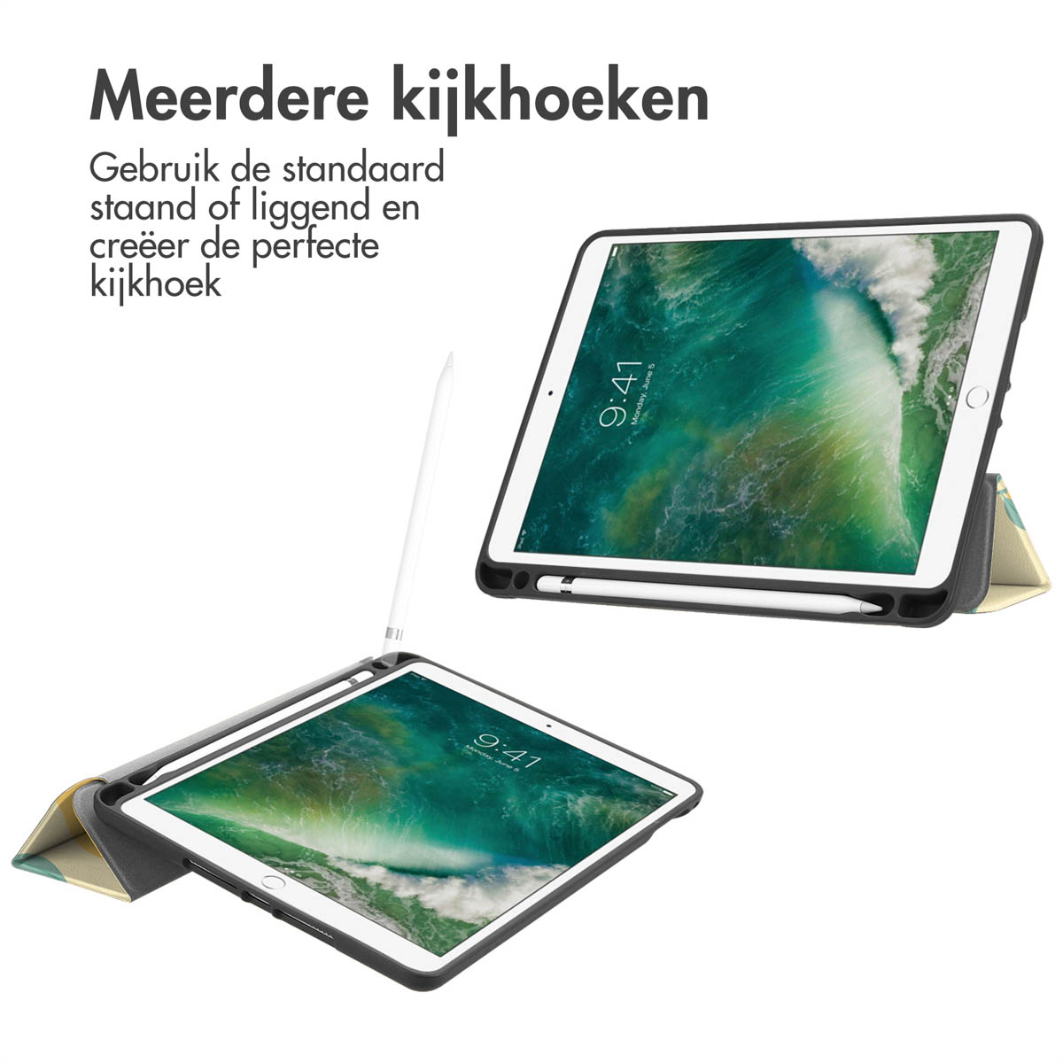 Two tablets in a case, showing two different viewing angles. White background.