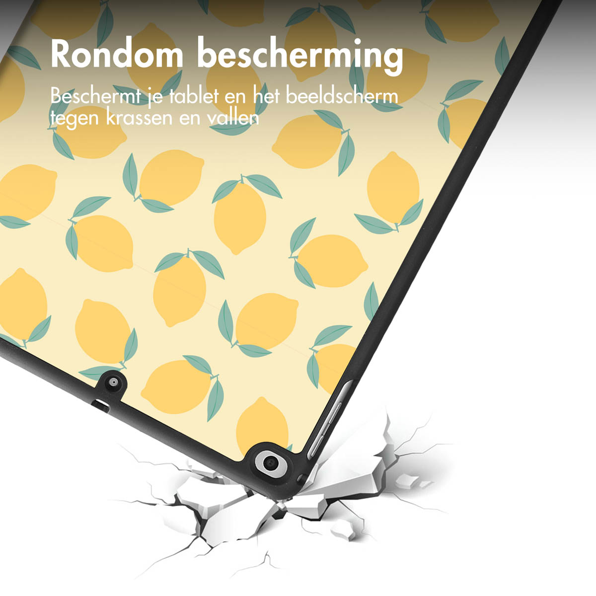 Tablet case with lemon pattern on the front and a corner breaking a surface on white background.