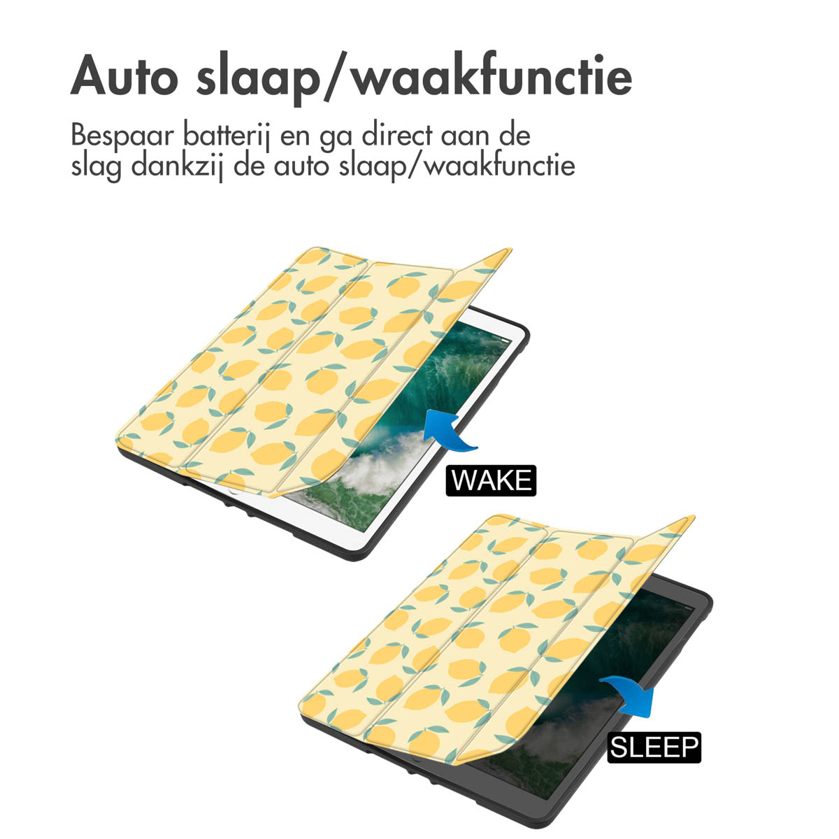 Tablet case showing sleep/wake function, and tablet with lemon pattern.