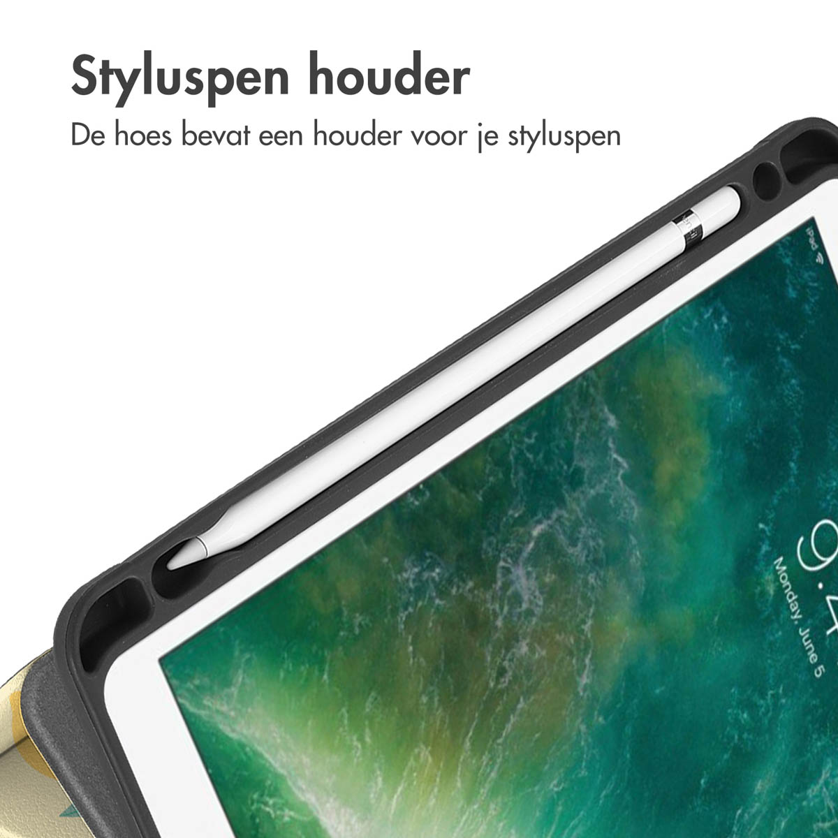 Close-up of a tablet with a stylus. The stylus is in its holder on the tablet case.
