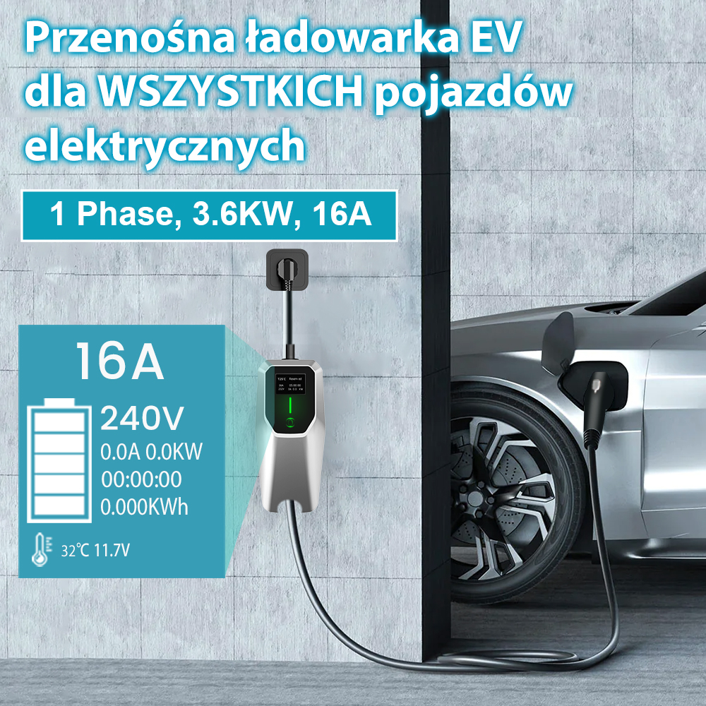 Ładowarka EV podłączona do samochodu elektrycznego, z wyświetlaczem cyfrowym.
