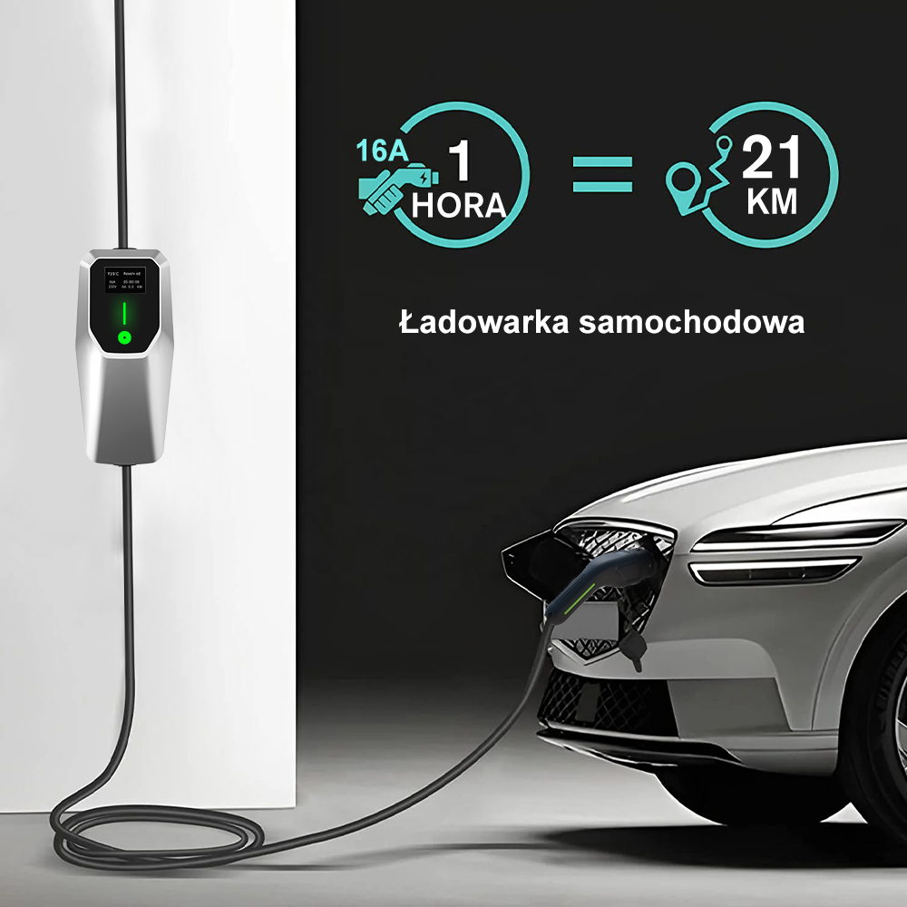 Samochód elektryczny ładujący się ładowarką. Tekst pokazuje czas ładowania i zasięg.