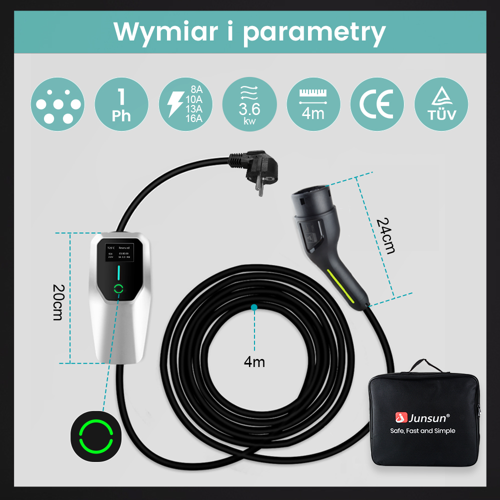 Schemat elementów ładowarki EV z wymiarami, wtyczką i kablem.
