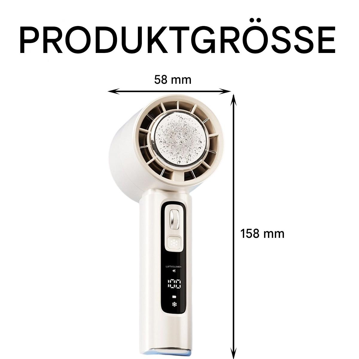 Weißer Haartrockner mit Maßangaben: 58 mm breit, 158 mm lang.