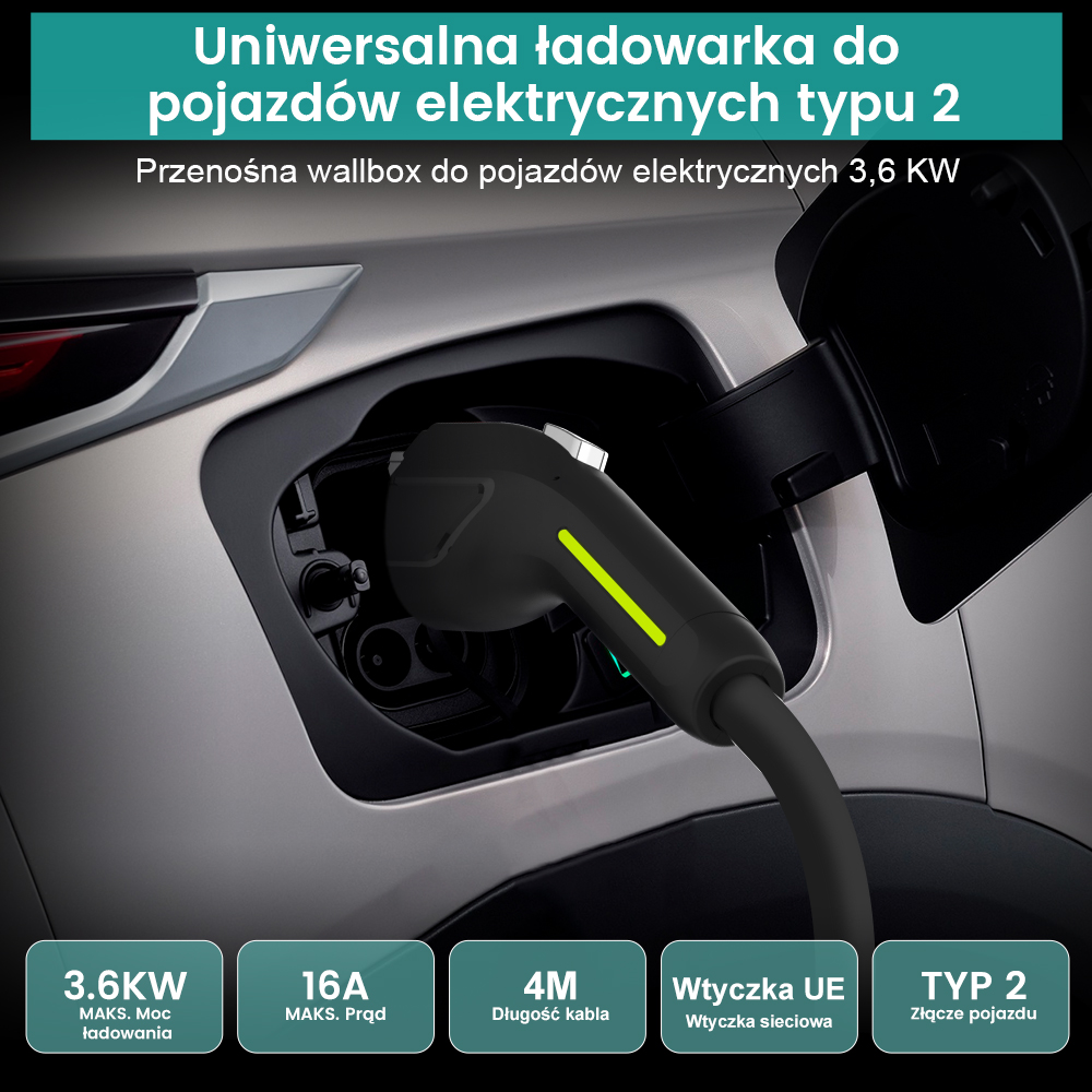 Kabel do ładowania pojazdu elektrycznego podłączony do samochodu, ze specyfikacjami poniżej.
