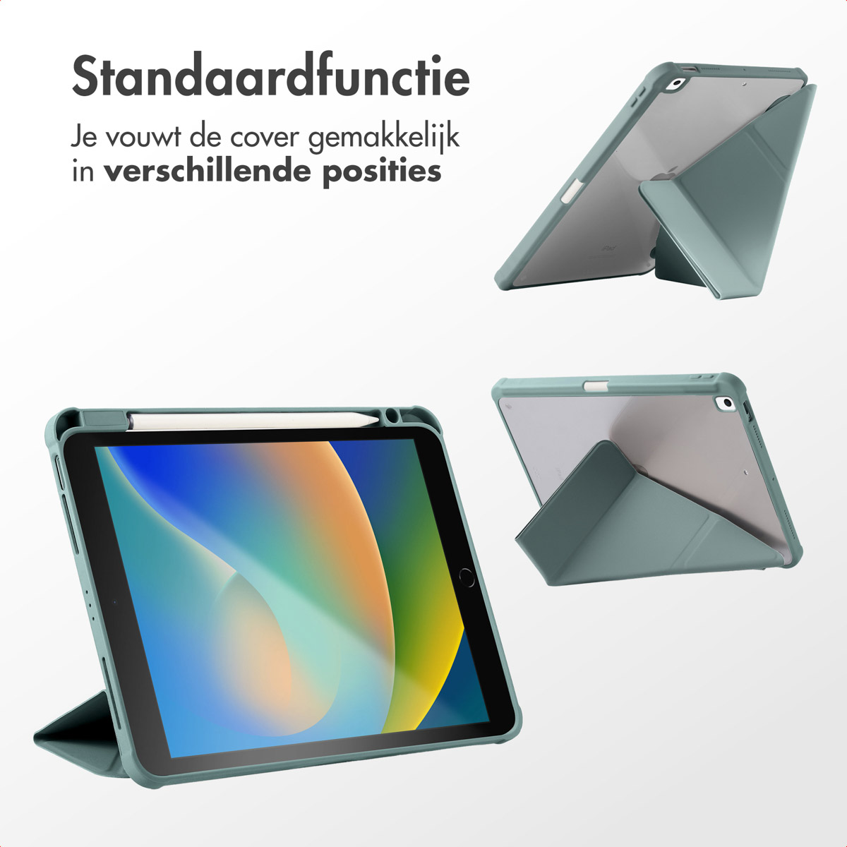 Étui de tablette vert, montré dans plusieurs positions, avec un stylet.