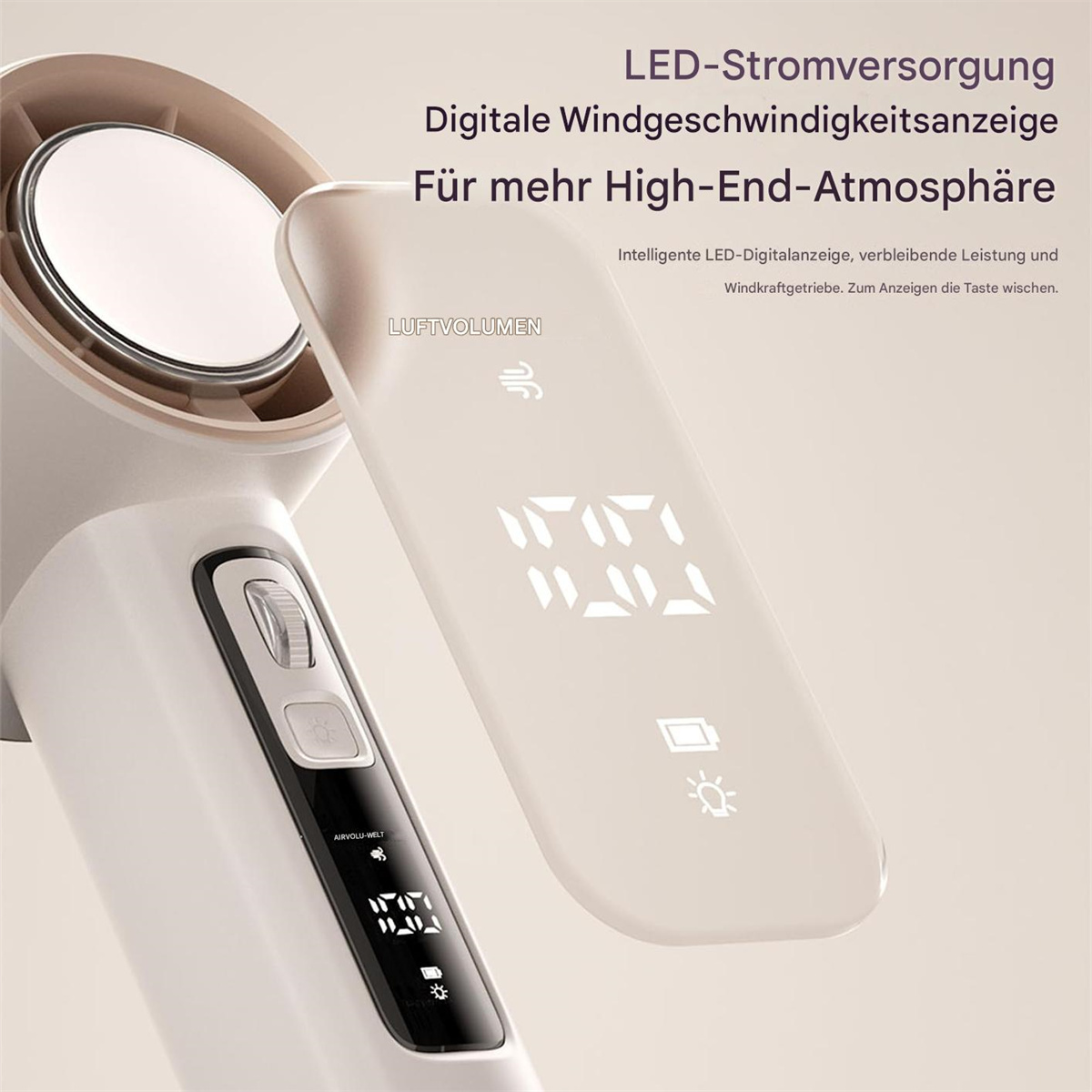 Ein weißer Haartrockner mit einem Display, das die Einstellungen des Geräts anzeigt.