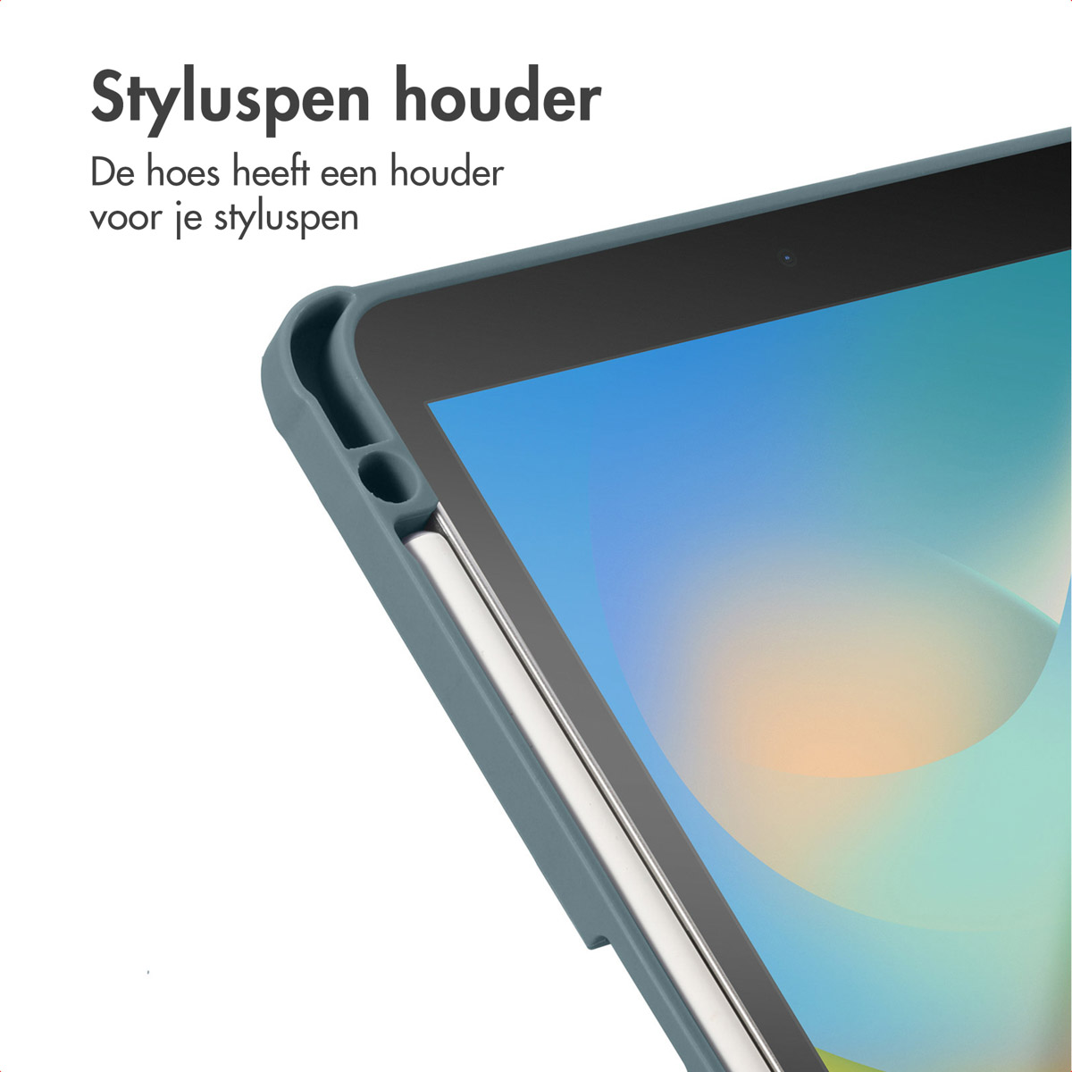 Tablet in a case with a stylus holder. Text: Stylus pen holder.