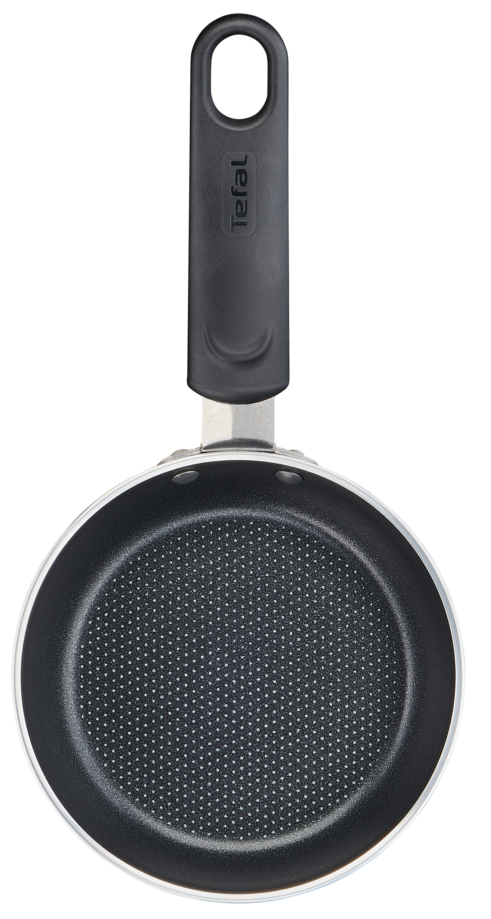 Czarna patelnia z czarnym uchwytem, białe tło.