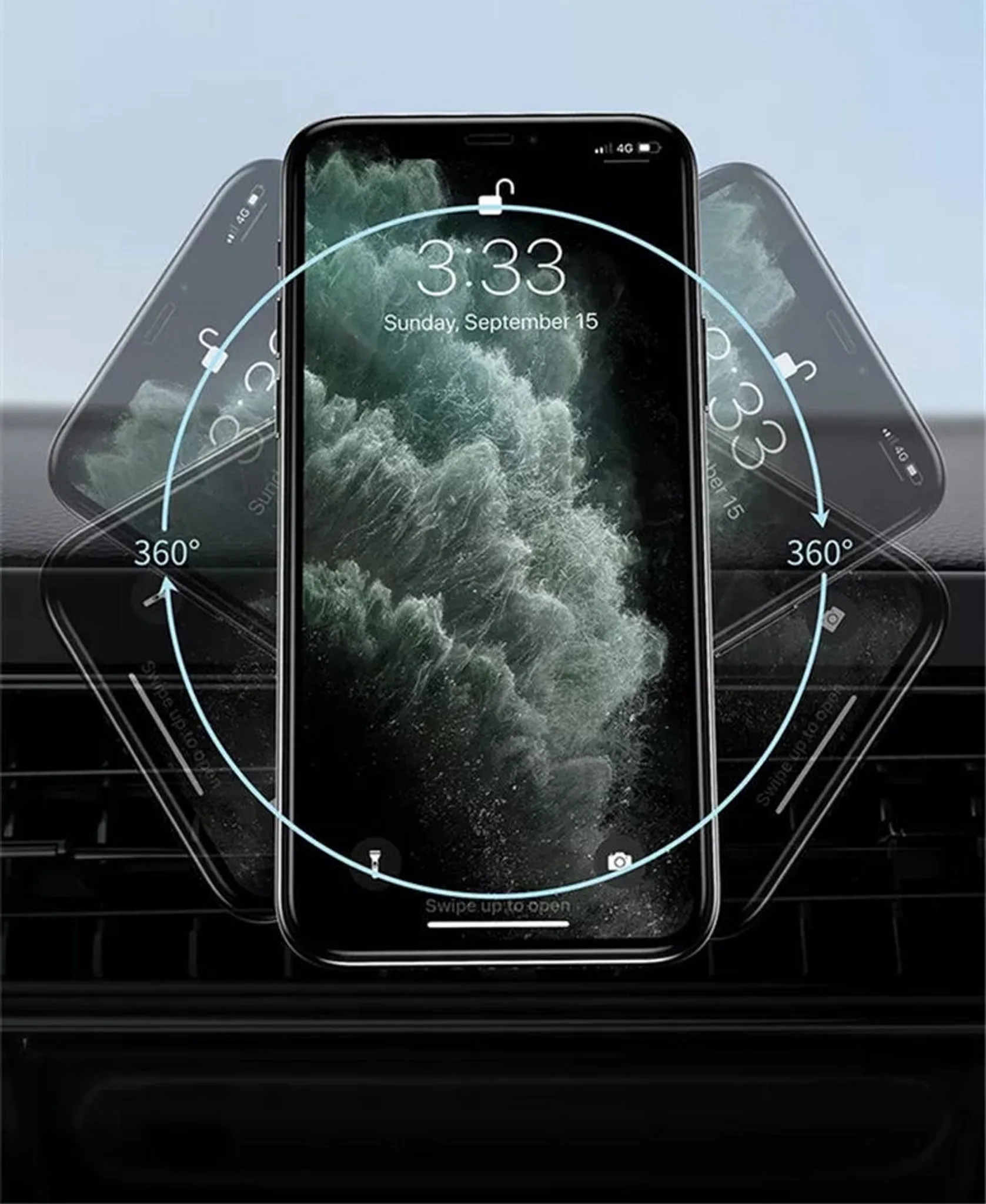 Telefon in einer Autohalterung mit 360°-Drehung. Zeigt Uhrzeit und Datum. Schwarz, Weiß und blauer Farbverlauf.